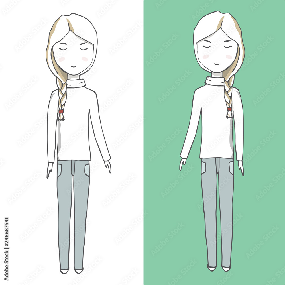 Golf girl vector female teacher in, jeans autumn clothing long hair family person school baby student winter travel blond woman character drawing full-length pigtails geometric on white background Golf girl vector female teacher in, jeans autumn clothing long hair family person school baby student winter travel blond woman character drawing full-length pigtails geometric on white background