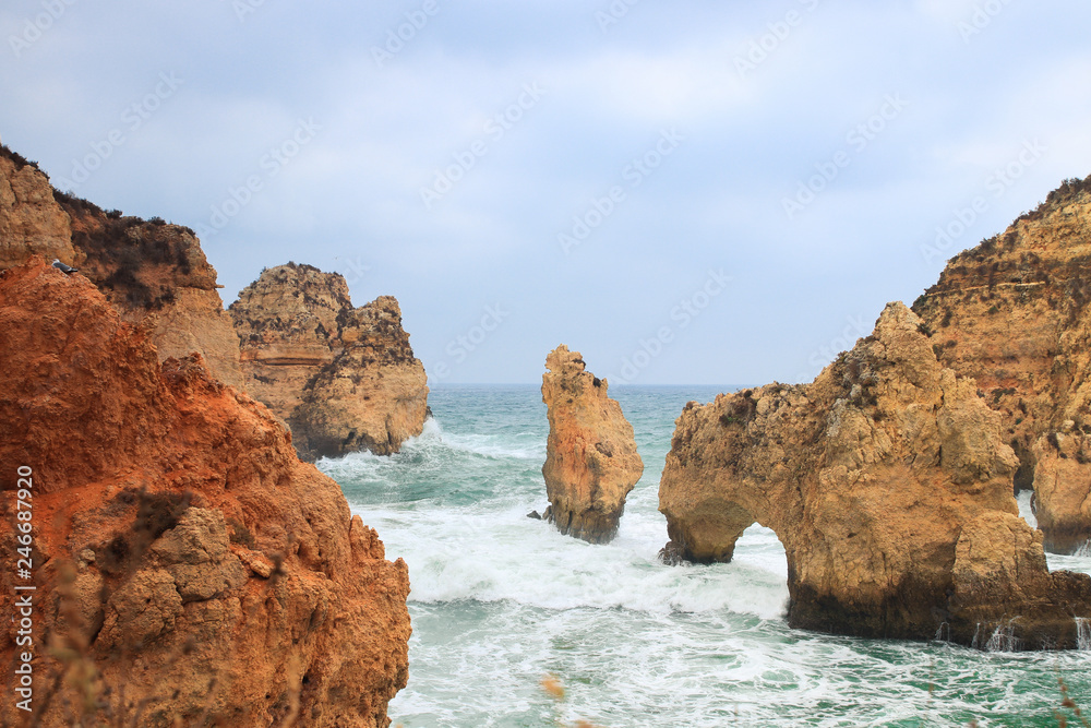 Stone formations in the ocean at Ponta De Piedade tourist destination in Algarve, Portugal. 