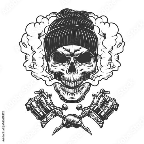 Vintage monochrome skull wearing beanie hat