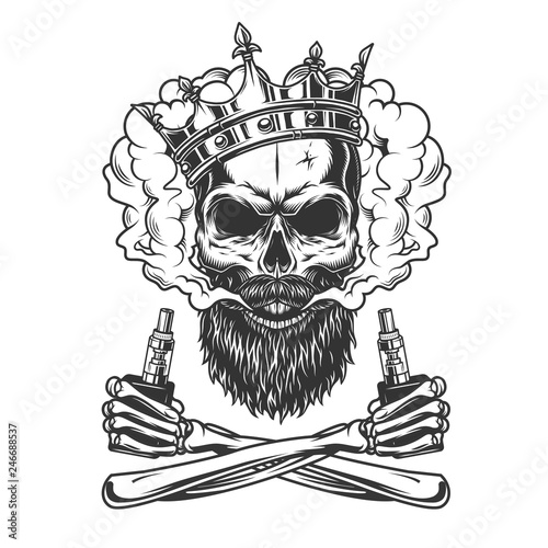 Bearded and mustached skull wearing crown