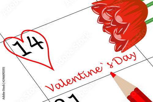 Valentin`s Tag Kalendertag mit Herz Blumen und Stift