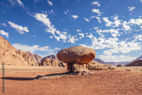 Mushroom shaped rock in Wadi Rum also known as valley of light or valley of sand in Jordan