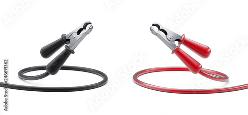 Red and black jumper cable for car battery. Power supply wire.