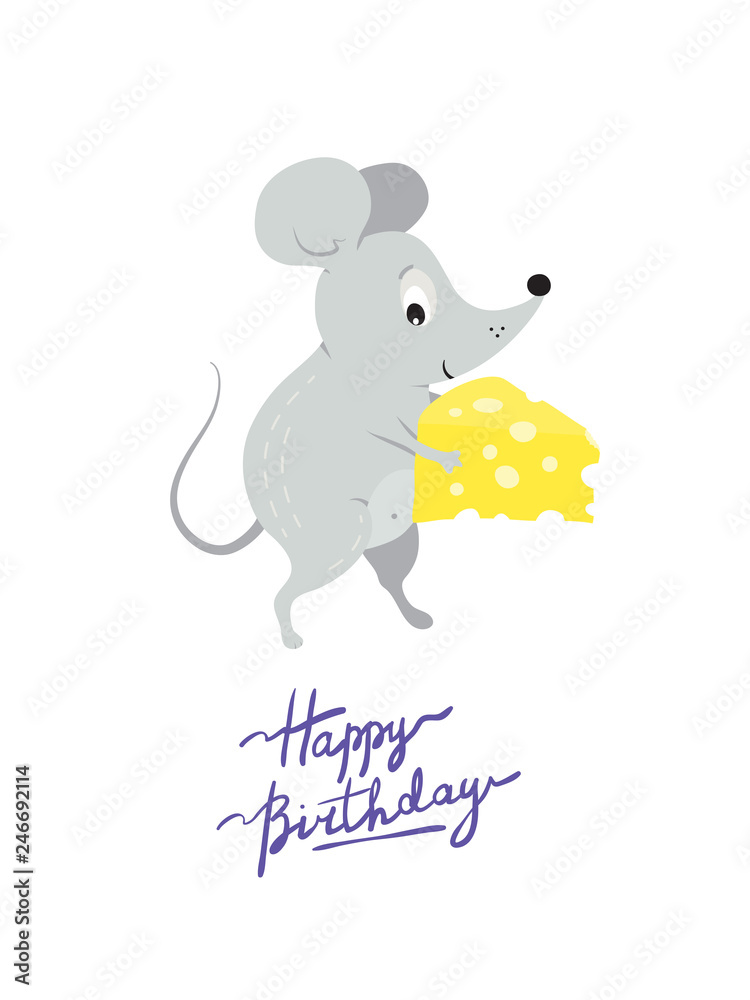 Greeting card template with cute funny rat or mouse with present cheese Greeting card template with cute funny rat or mouse with present cheese
