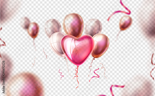 Vector heart balloon silk ribbon realistic set