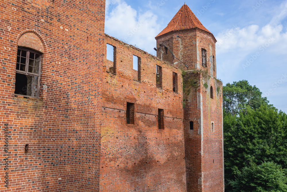 Walls and tower of ruined castle in Szymbark, small village in Warmia and Masuria region of Poland
