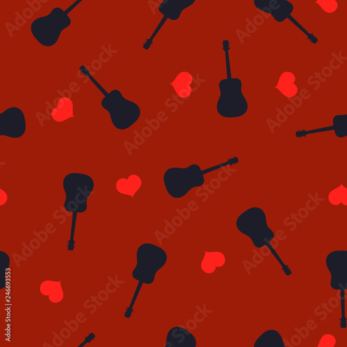Seamless pattern guitar black silhouette and red hearts on burgundy, vector eps 10