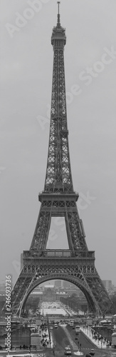 The panoramic view of the Eiffel Tower from the Trocadero. Black and white photography. France. Paris.