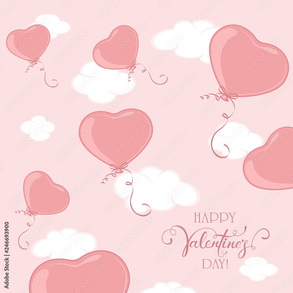 Pink Valentine Balloons in the Form of Heart on Sky Background