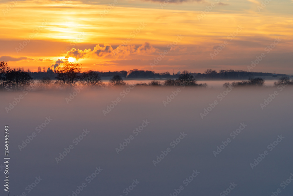 Nebel über Feld mit Sonnenuntergang