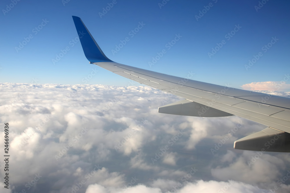 Obraz premium The wing of an airplane above the clouds