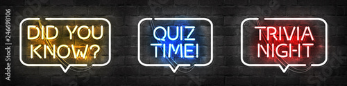 Vector set of realistic isolated neon sign of Quiz and Trivia Night logo for template decoration and covering on the wall background.
