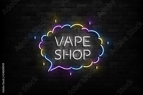 Vector realistic isolated neon sign of Vape Shop logo for template decoration and covering on the wall background. Concept of electronic cigarette.