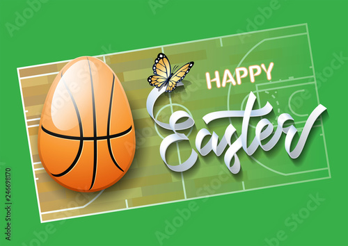 Happy Easter. Easter egg in the form of a basketball ball on a basketball court background. Vector illustration.