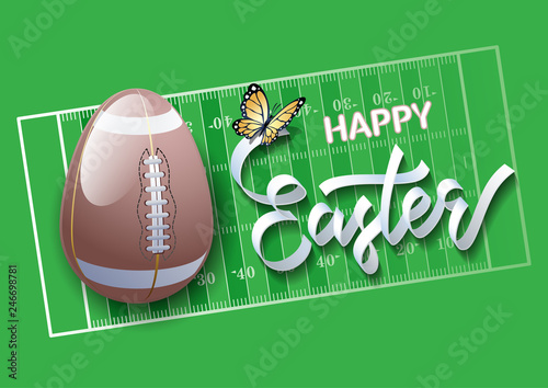 Happy Easter. Easter egg in the form of a football ball on a football field background. Vector illustration.