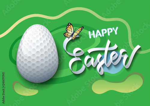 Happy Easter. Easter egg in the form of a golf ball on a golf course background. Vector illustration.