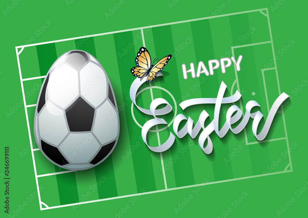 Happy Easter. Easter egg in the form of a soccer ball on a soccer field