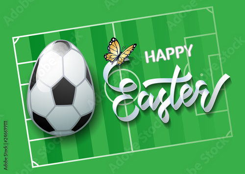 Happy Easter. Easter egg in the form of a soccer ball on a soccer field background. Vector illustration.
