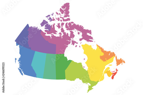 Map of Canada divided into 10 provinces and 3 territories. Administrative regions of Canada. Blank multicolored map. Vector illustration