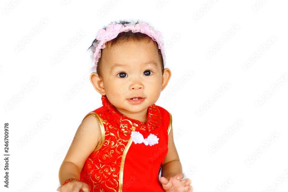 Chinese New Year festival concept, a Chinese 's baby girl in the red clothes. She holding a pocket money gift in her hand. On white background. Chinese New Year festival concept, a Chinese 's baby girl in the red clothes. She holding a pocket money gift in her hand. On white background.
