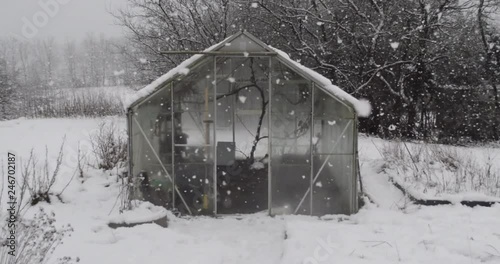 greenhouse in heavy snow - footage is delivered in rec.709 - ready for color grade or LUT. photo