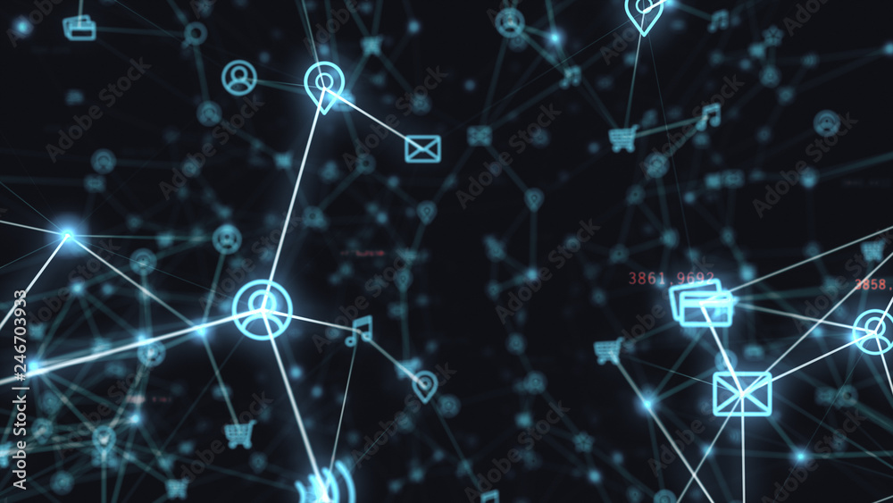 Background of randomly moving network and internet related things. Online shopping, social networks, connections, global connections. 3d illustration Background of randomly moving network and internet related things. Online shopping, social networks, connections, global connections. 3d illustration