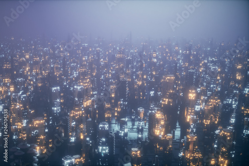 Futuristic city at night in the fog  the city of the future is covered with a grid of connections  the concept of information transfer 3d illustration