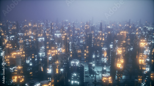 Futuristic city at night in the fog, the city of the future is covered with a grid of connections, the concept of information transfer 3d illustration photo