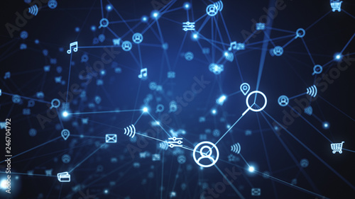 Background of randomly moving network and internet related things. Online shopping, social networks, connections, global connections. 3d illustration