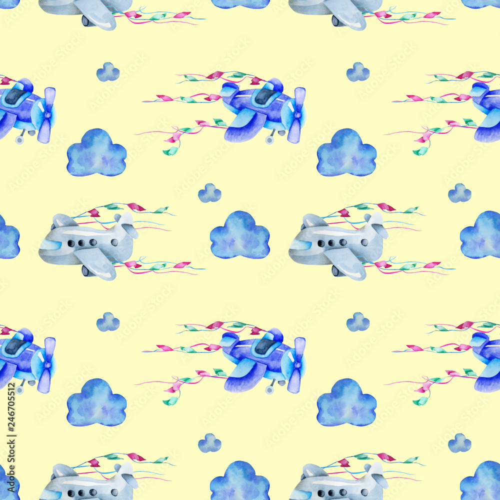 Naklejka premium Watercolor festive airplanes seamless pattern, hand painted on a yellow background