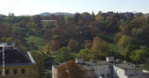 Slow pan shot of beautiful Taban park on the hillside of Buda, view from the Buda Castle. photo