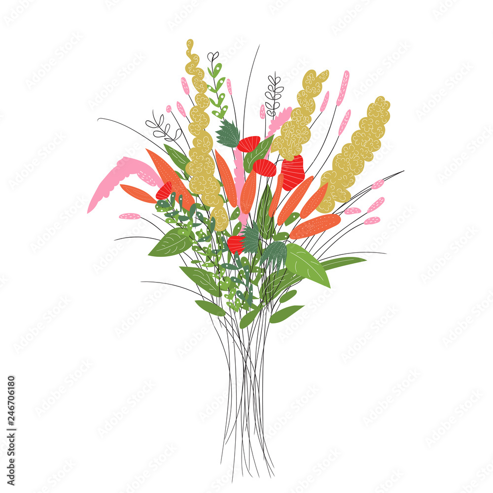 Obraz premium bouquet of flowers in the vase. hand drawn summer flowers. greeting card
