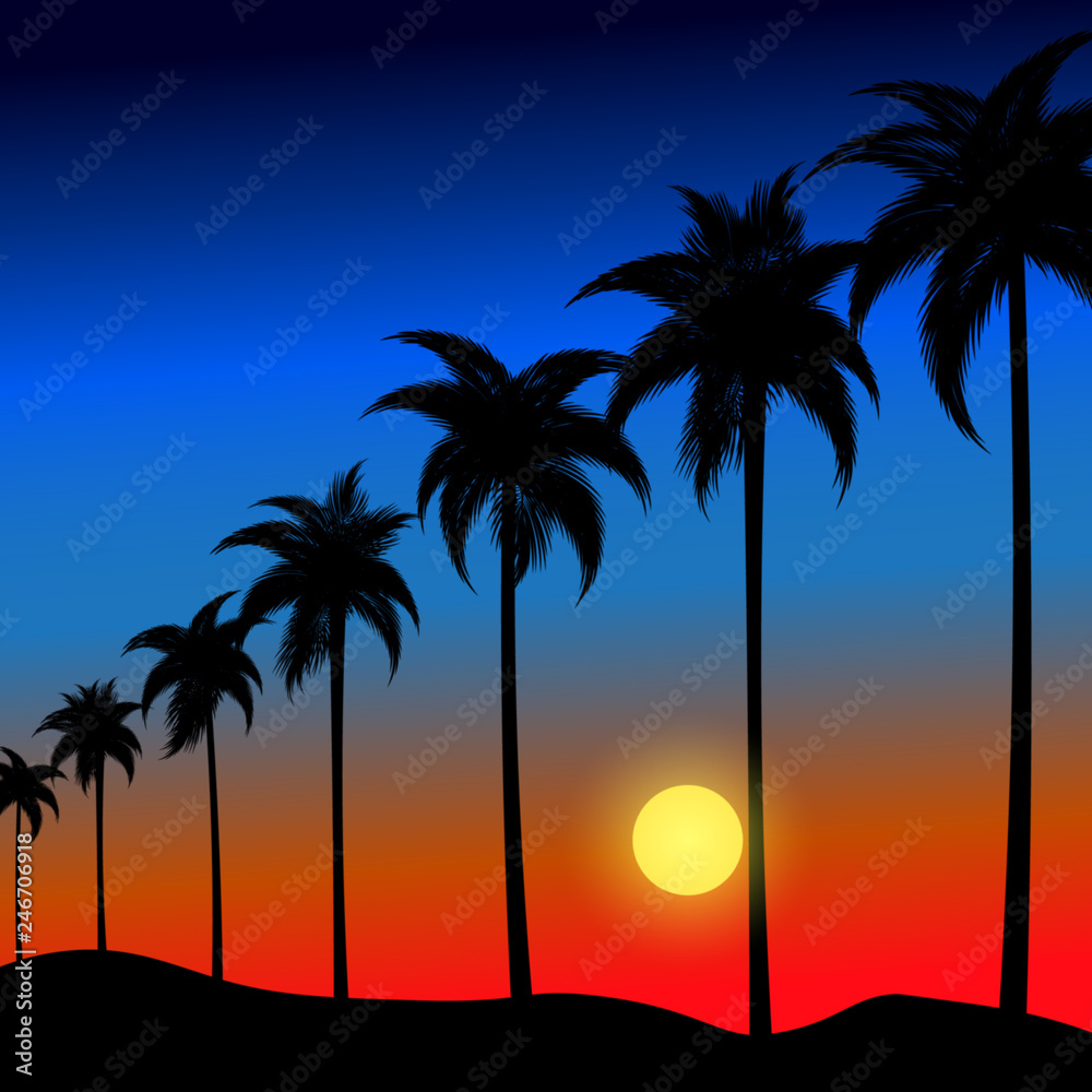 Tropical background. Palm trees at sunset. Vector illustration.