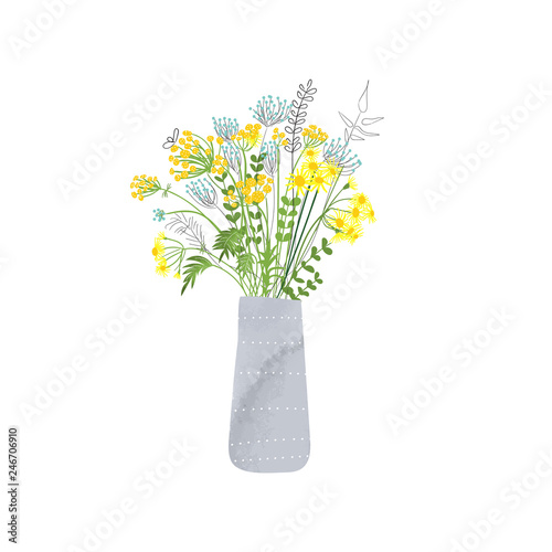 bouquet of flowers in the vase. hand drawn summer flowers. greeting card