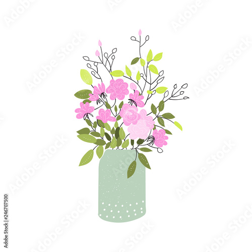 bouquet of flowers in the vase. hand drawn summer flowers. greeting card