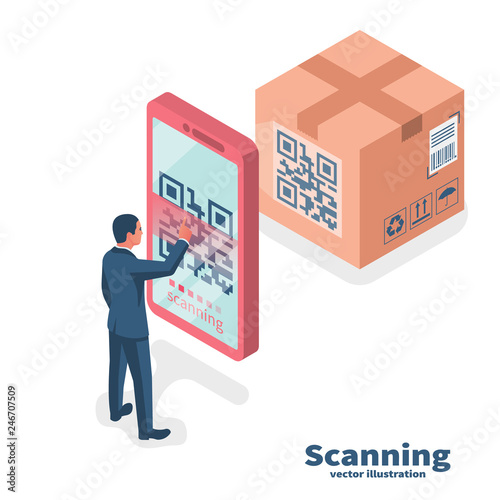 Verification application. Scanning QR code on mobile phone. Vector illustration isometric design. Isolated on background. Modern digital technology. Product identification on a big box.