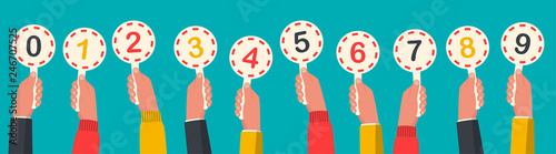 Human hands holding score cards. Set colored scorecards. Juries assessment on competition. Judges holding score. Vector illustration flat design. Isolated on background.