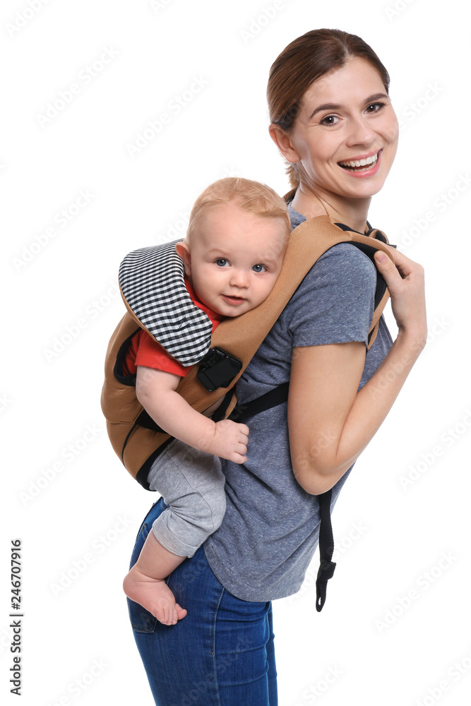 Woman with her son in baby carrier on white background Woman with her son in baby carrier on white background