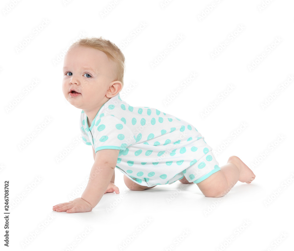 Cute little baby crawling on white background Cute little baby crawling on white background