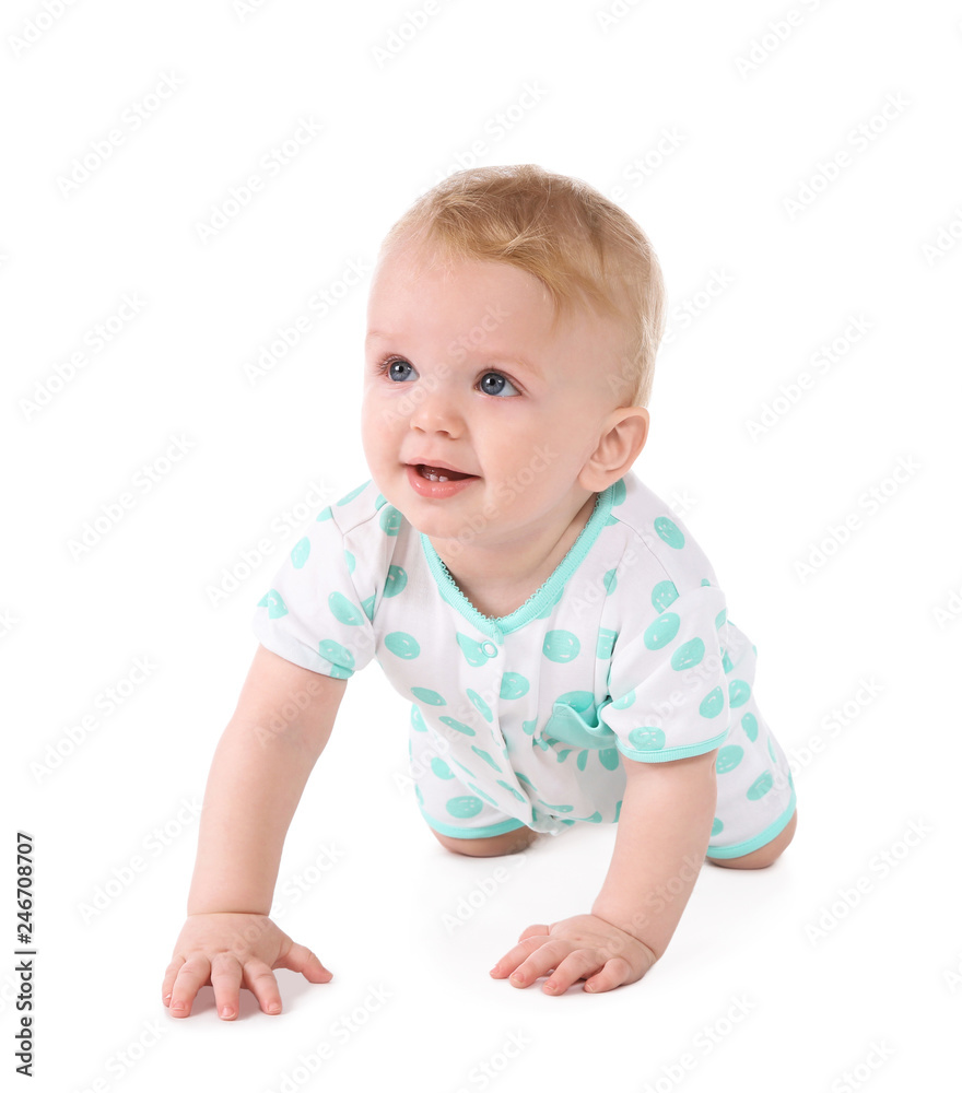 Cute little baby crawling on white background Cute little baby crawling on white background