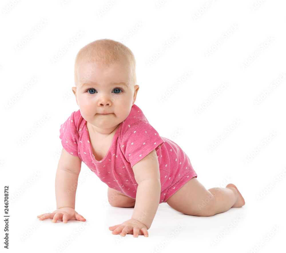 Cute little baby crawling on white background Cute little baby crawling on white background