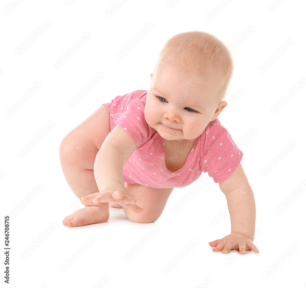 Cute little baby crawling on white background Cute little baby crawling on white background