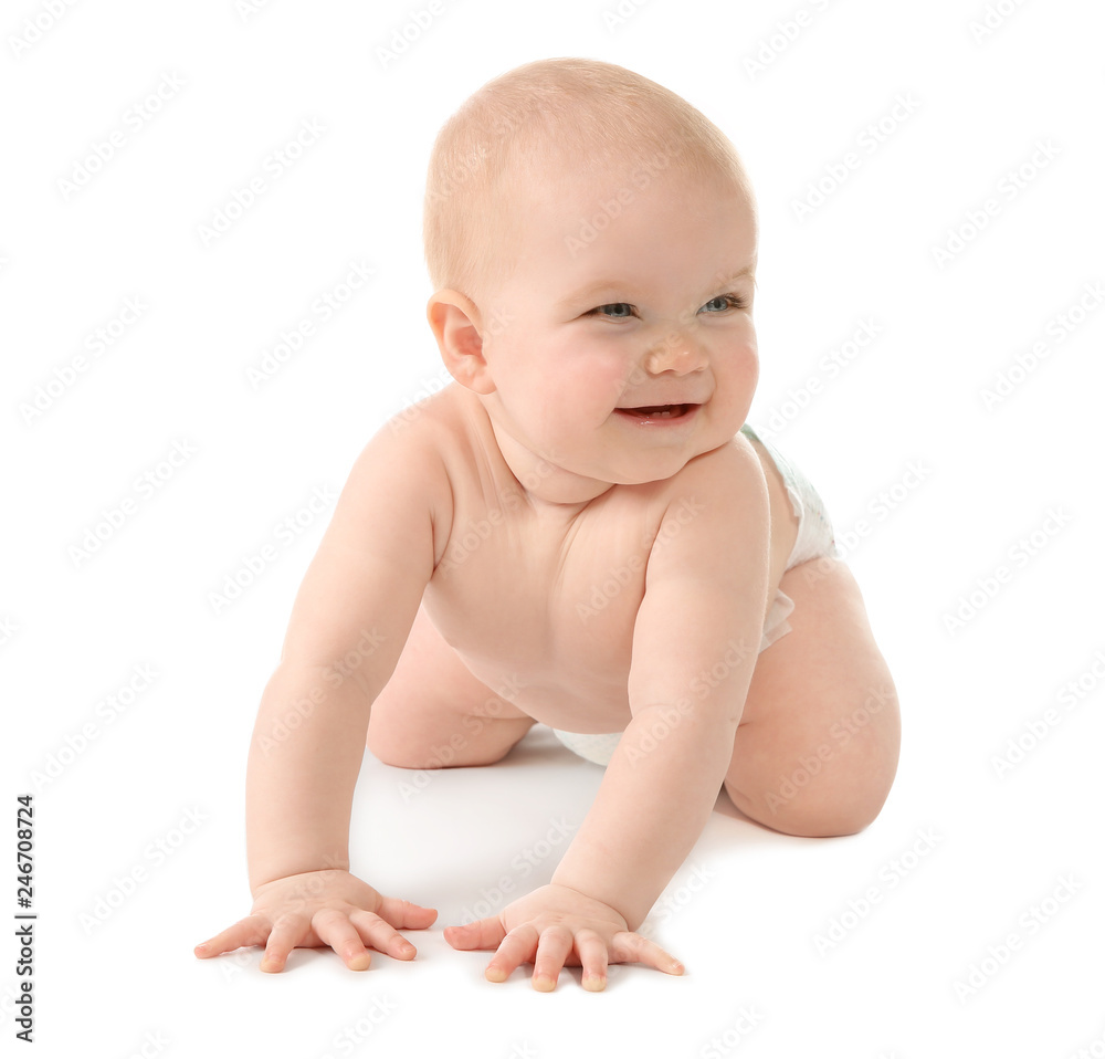 Cute little baby crawling on white background Cute little baby crawling on white background