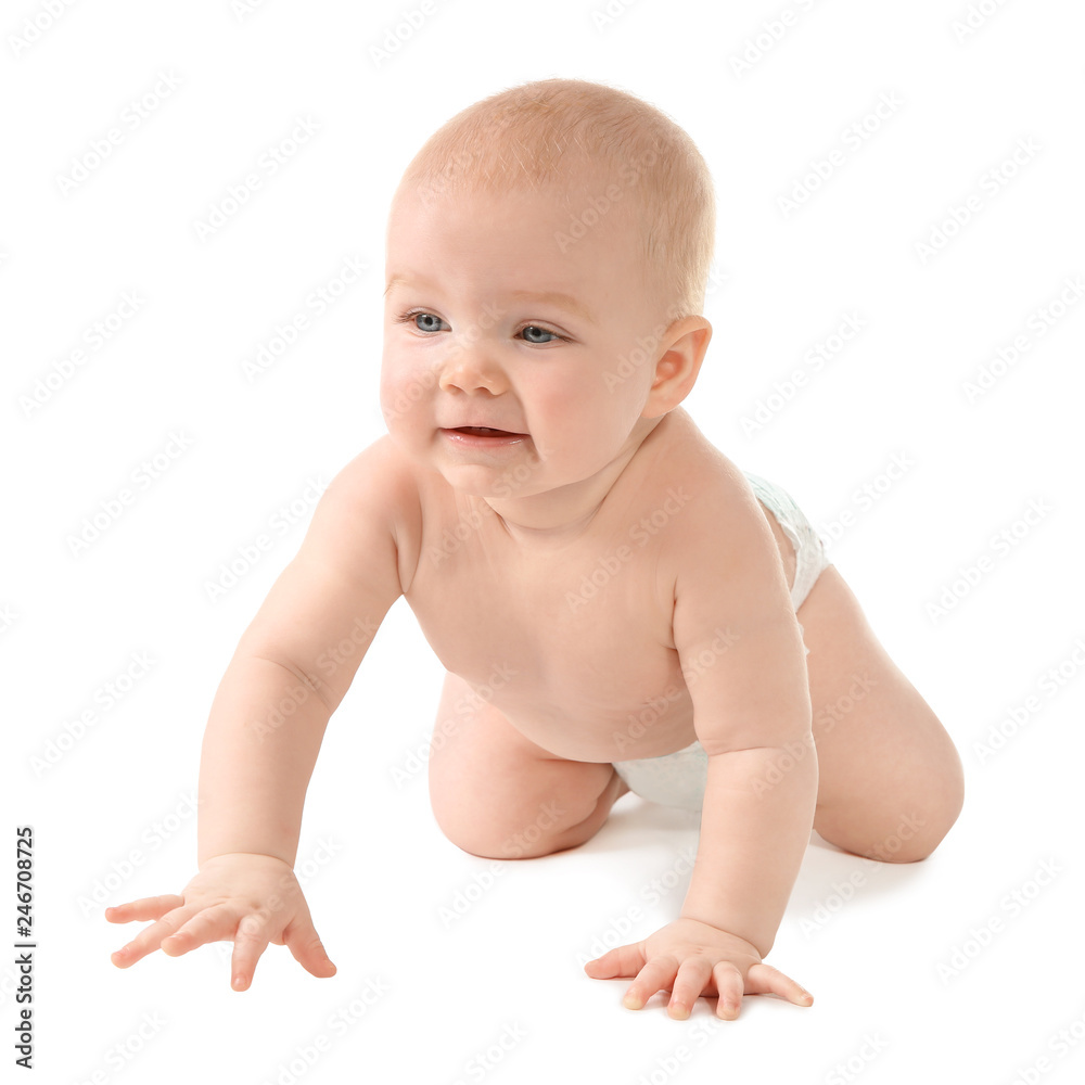Cute little baby crawling on white background Cute little baby crawling on white background