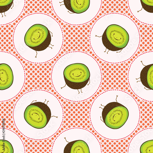  Cute kiwi polka dot vector illustration. Seamless repeating pattern. Hand drawn kawaii dotty red kiwifruit background. 1950's style retro kitchen decor, kids textiles, 5aday fruit all over print.