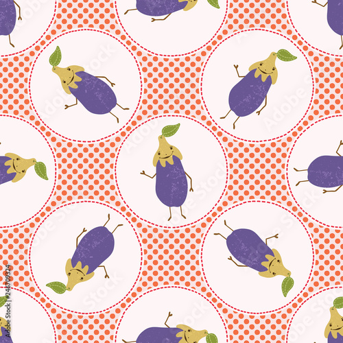  Cute aubergine polka dot vector illustration. Seamless repeating pattern. Hand drawn kawaii eggplant background. 1950's style retro kitchen decor, kids textiles, cookery ingredients all over print. photo