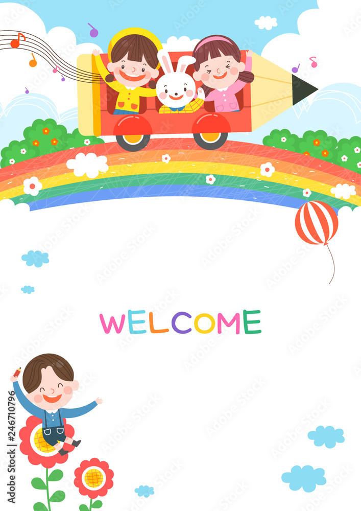 llustration of cartoon kindergarten. Cute frame with kids, child and frame