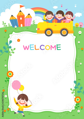 llustration of cartoon kindergarten. Cute frame with kids, child and frame