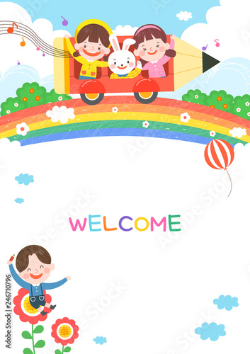 llustration of cartoon kindergarten. Cute frame with kids  child and frame
