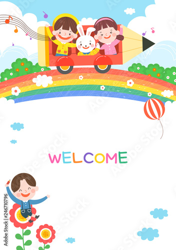 llustration of cartoon kindergarten. Cute frame with kids, child and frame